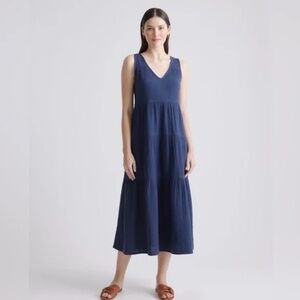 Quince Organic Cotton Gauze Tiered Maxi Dress in Indigo Blue size small